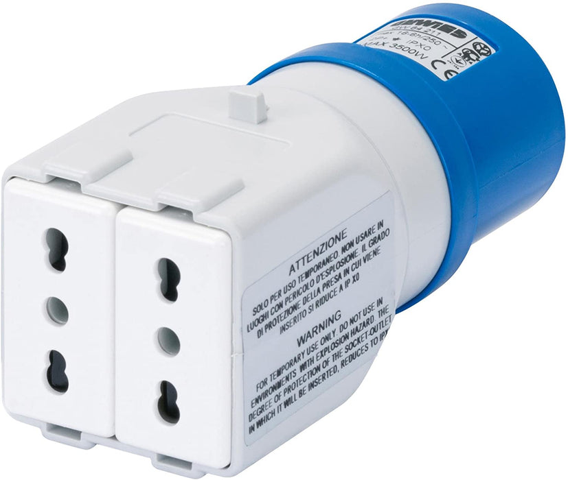 Gewiss GW64211 - ADATTATORE DA INDUSTRIALE A CIVILE IP44 - SPINA 2P+T 16A 230V ac 50/60HZ - 2 PRESE 2P+T 10/16A BIVALENTI (P17/11)