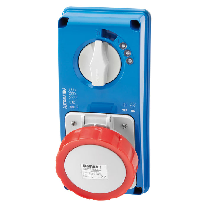 Gewiss GW66170N - PRESA FISSA INTERBLOCCATA VERTICALE - AUTOMATIKA - MT 6KA CURVA C - SENZA FONDO - 3P+N+T 32A 346-415V - 50/60HZ 6H - IP67