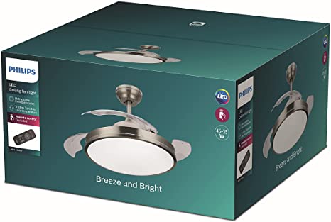 Philips 40855500 - Philips Atlas ventilatore lamapada da soffitto‚ AC DC 35W+28W‚ 3000-4000-5500K‚ Nickel‚ Reversibile‚ wireless control