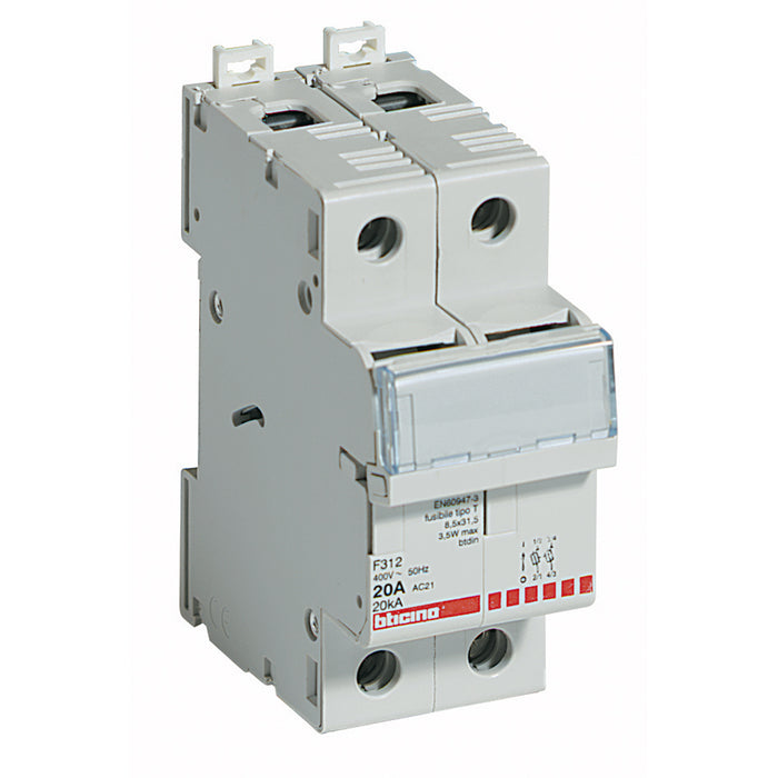 BTicino F312 - Portafusibile sezionatore 2P - 20A - 400V - fusibili tipo T (8.5x31.5 mm) - 2 moduli