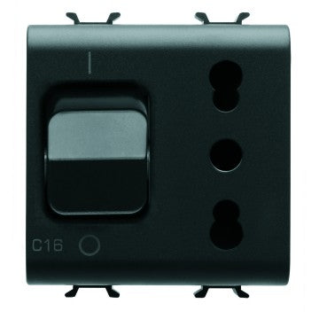 GW12311 - PRESA INTERBLOCCATA - 2P+T 16A - P17-P11 - CON INTERRUTTORE MAGNETOTERMICO 1P+N 16A - 230V ac - 2 MODULI - NERO - CHORUS 