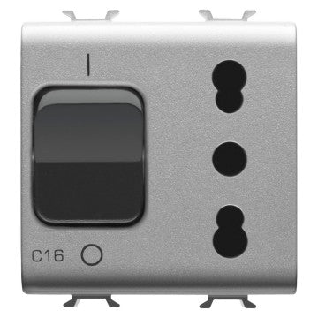 GW14311 - PRESA INTERBLOCCATA - 2P+T 16A - P17-P11 - CON INTERRUTTORE MAGNETOTERMICO 1P+N 16A - 230V ac - 2 MODULI - TITANIO - CHORUS 