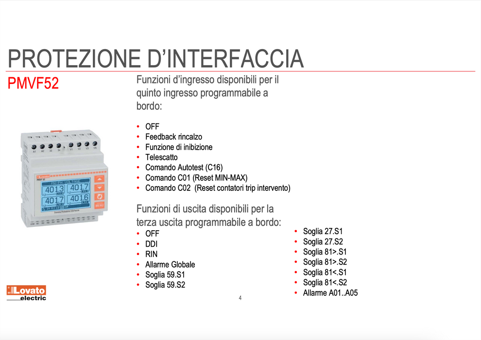 PMVF52 - NUOVO RELE'/ SISTEMA DI PROTEZIONE DI INTERFACCIA (SPI) CEI 0-21 4-MODULI